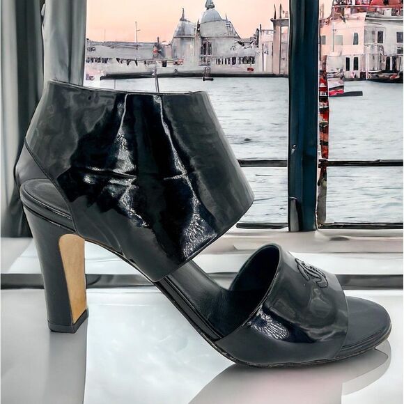 CHANEL Black Patent Leather CC Logo Open Toe Ankle Strap Sandals Size EU… - Picture 1 of 13